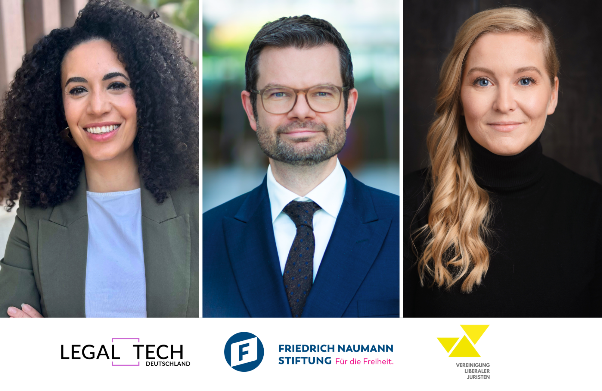 Eine Grafik, die die Speaker Alisha Andert, Marco Buschmann und Sina Dörr zeigt.