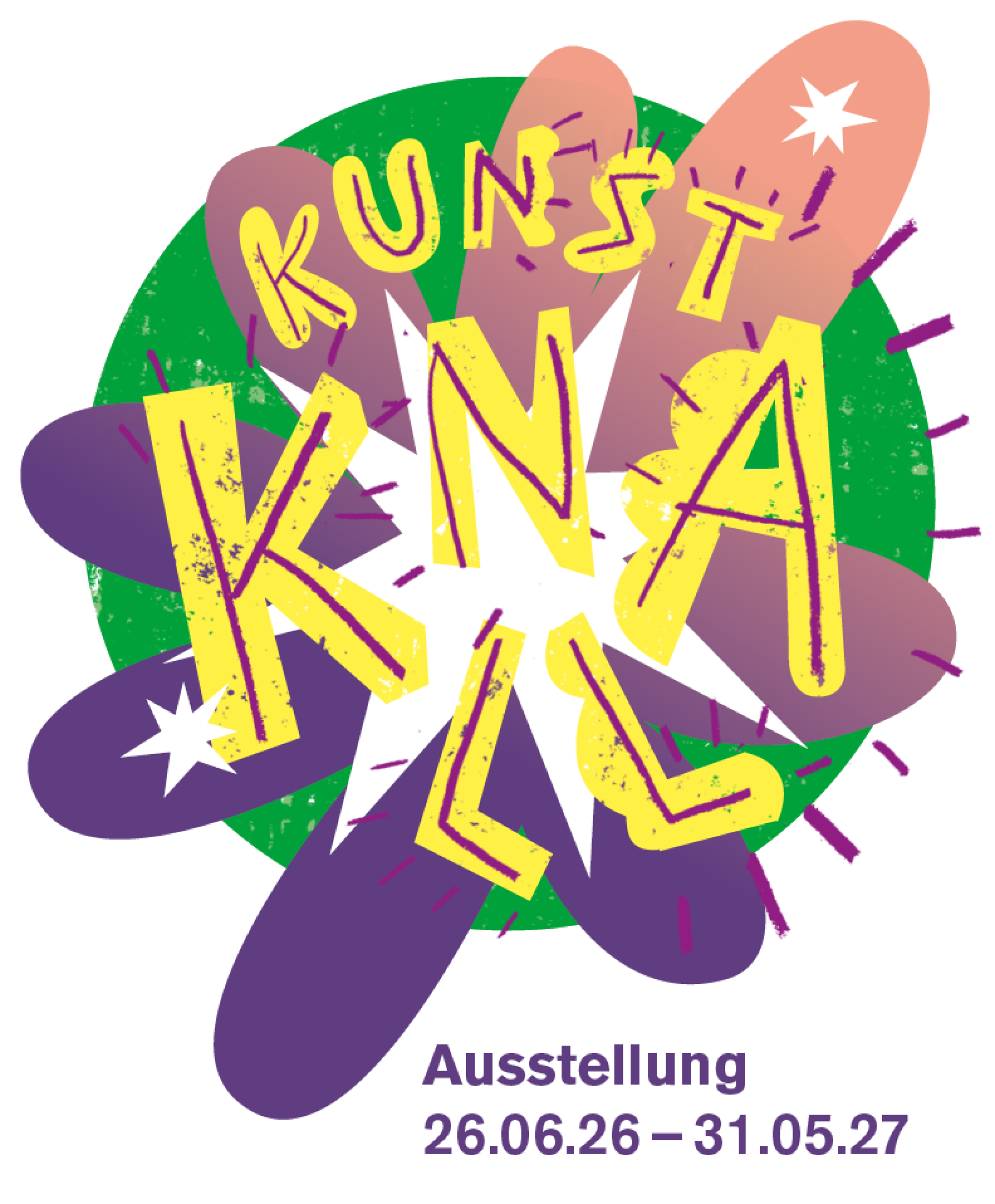 Das Logo der Ausstellung "Kunstknall". Ein gelber Schriftzug auf einem grün-lila-rosa Hintergrund.