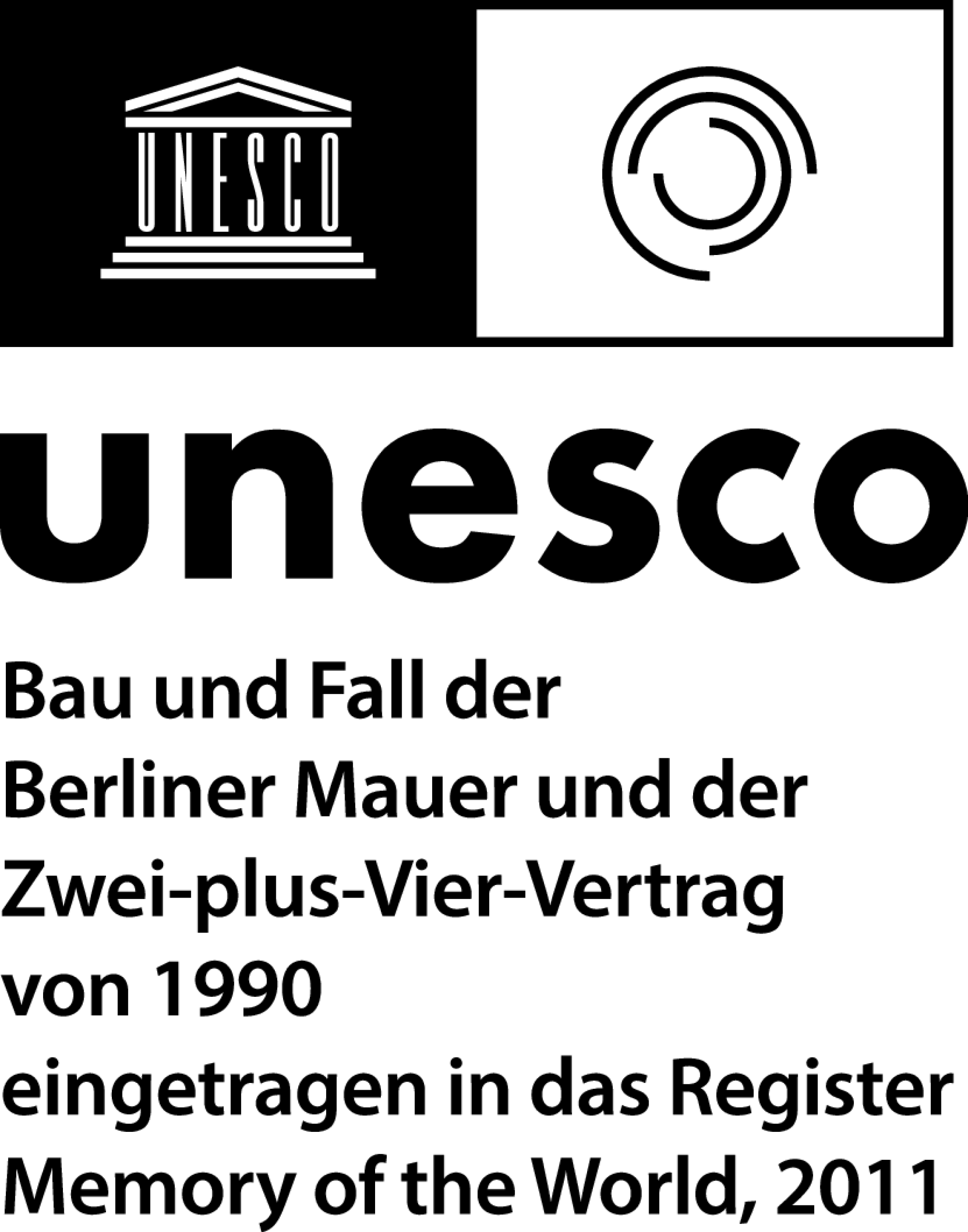 Das Logo des UNESCO-Weltdokumentenerbe: Bau und Fall der Berliner Mauer und der Zwei-plus-Vier-Vertrag von 1990 eingetragen in das Register Memory of the World, 2011