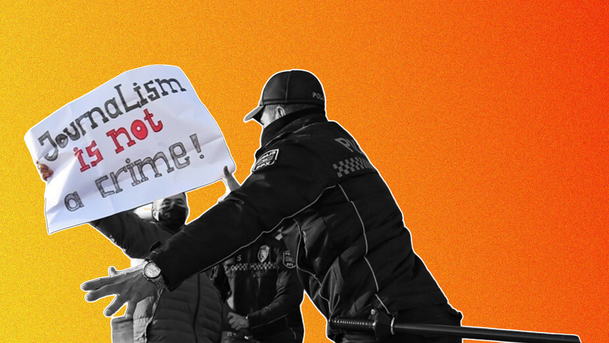 Ein Protestierender mit einem Schild "Journalism is not a crime"