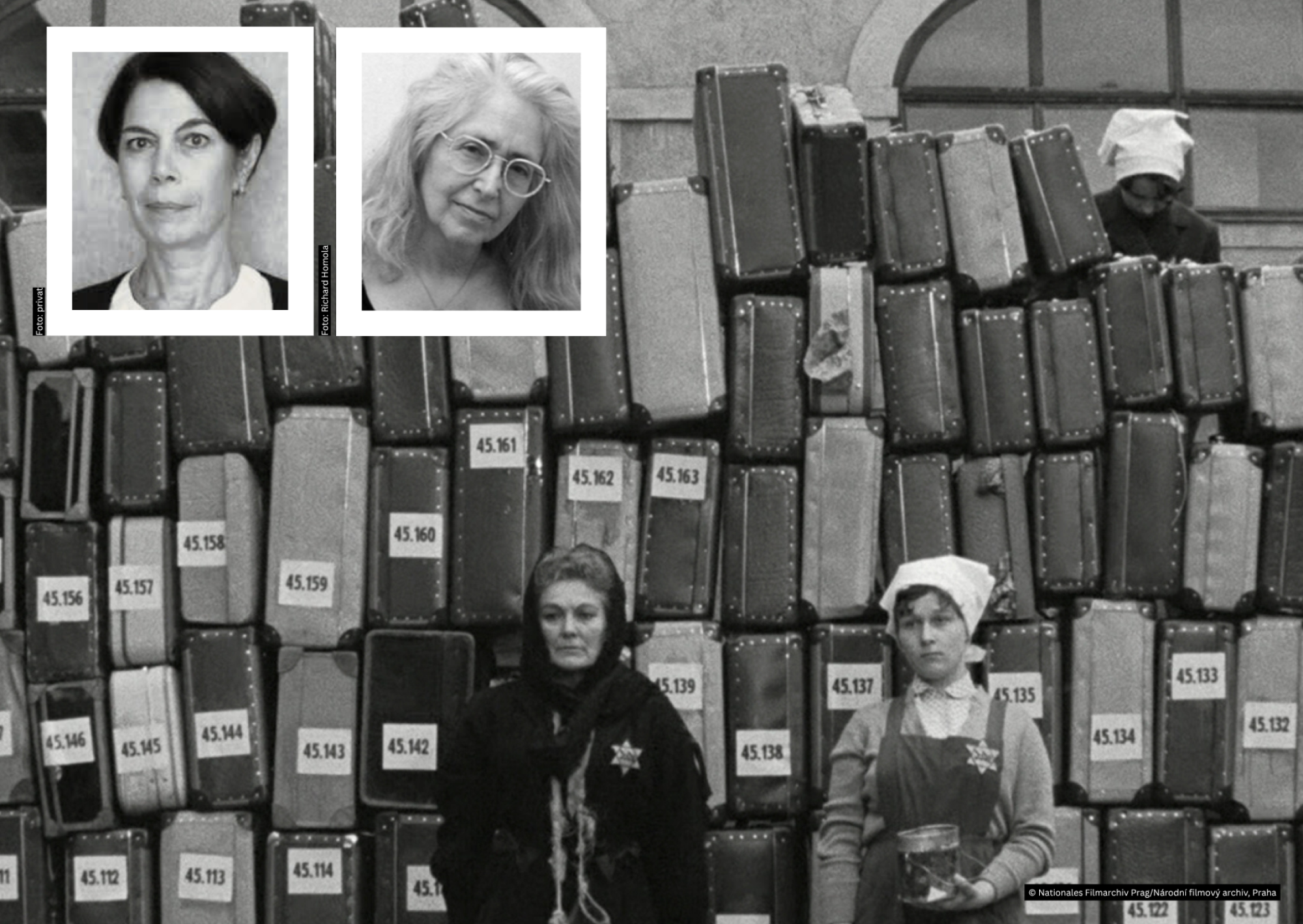 Ein Filmstill: Zwei Frauen in Kleidung aus den 1940ern mit Judensternen stehen vor einer Wand aus Koffern.